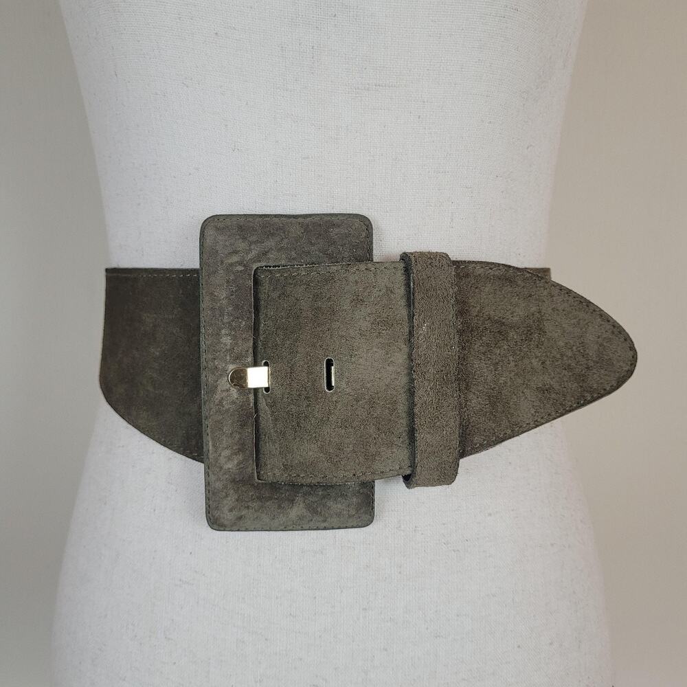 Vintage Express Belt Medium Green Suede Wide Waist Covered Buckle‎ Statement 90s